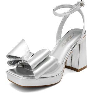 Women Platform Chunky Silver Heels High Block Square Toe Dress Wedding Sandals